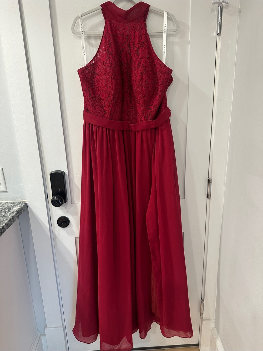 Azazie Emilia A18 dress floor-length Lace halter burgundy bridesmaid wedding